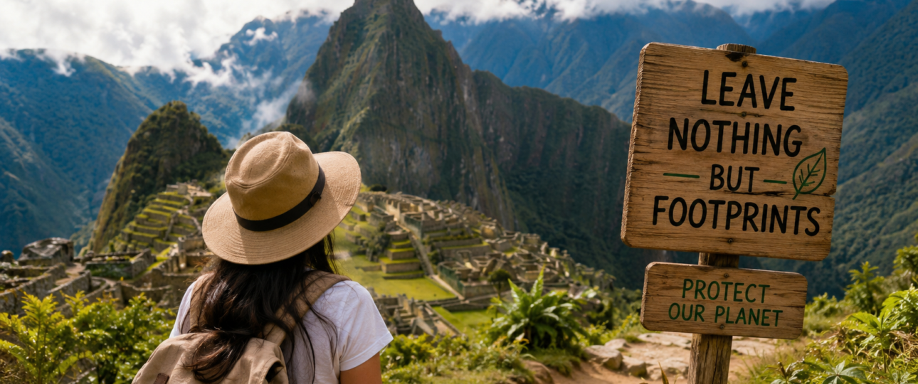 Traveler enjoying Machu Picchu while practicing responsible tourism in Peru and protecting the country's natural heritage.