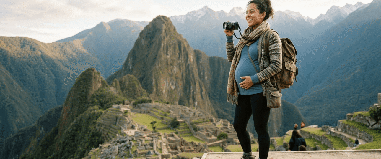 Pregnant traveler enjoying the view of Machu Picchu during a safe trip to Peru.