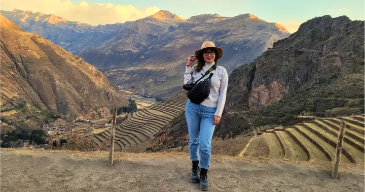 Panoramic view of Ollantaytambo village and Inca archaeological site in the Sacred Valley, Peru